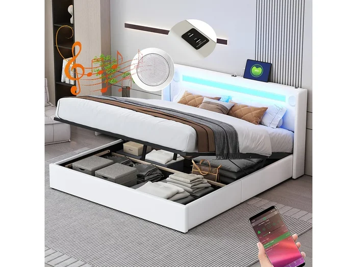 Cama canapé 140x200cm – Cama de matrimonio con somier de láminas, cabecero LED con Bluetooth y puerto USB – en Polipiel Blanca