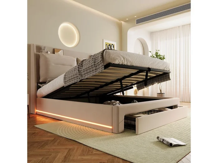 Cama canapé 160×200 cm con cabecero y 2 cajones – LED – Terciopelo – Beige (sin colchón)