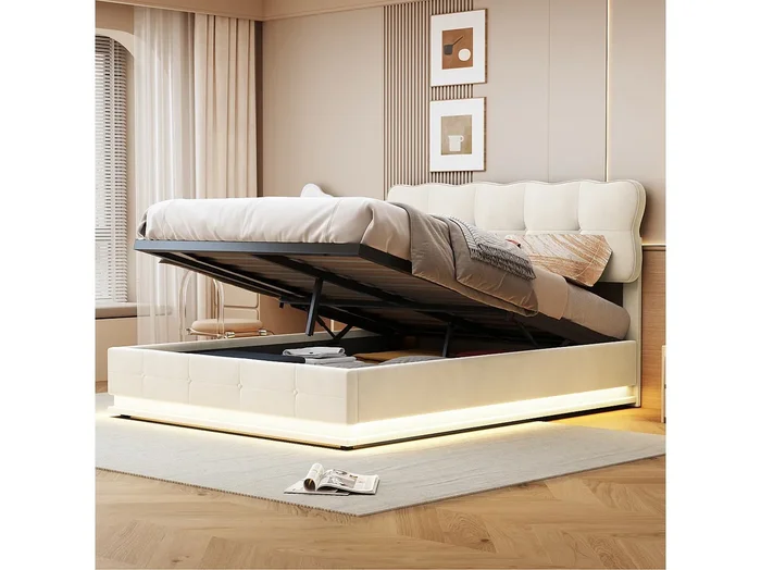 Cama Canapé 160×200 con iluminación LED, Cama Tapizada con Somier de Láminas, Terciopelo, Beige