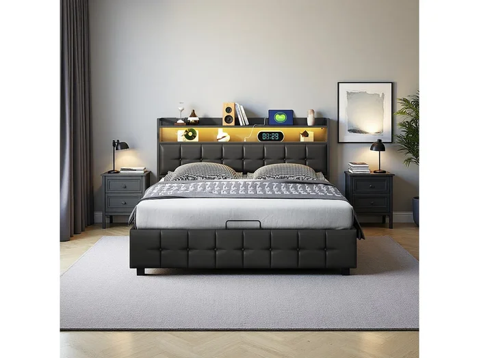 Cama Canapé 160×200 con LED y Puertos USB, Cama Matrimonial con Canapé Hidráulico y Cabecero Tapizado con Estantes Abiertos, PU, Negro