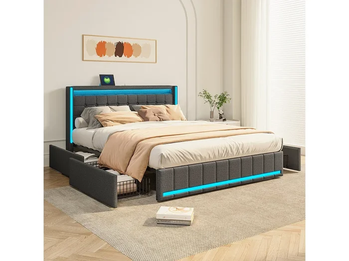 Cama Canapé 160×200 con LED y USB, Cama Tapizada con Somier y 4 Cajones, Cama Matrimonial