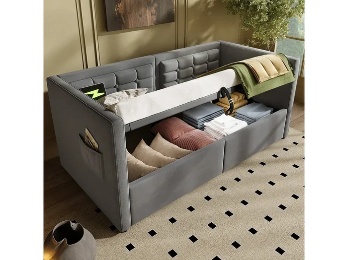 Cama canapé 90×200 cm – Cama individual con cargador USB y bolsa de almacenaje – terciopelo gris – sin colchón