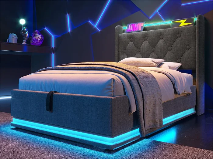 Cama canapé de lino de 90×200 cm – con LED y enchufes USB y tipo C – Gris