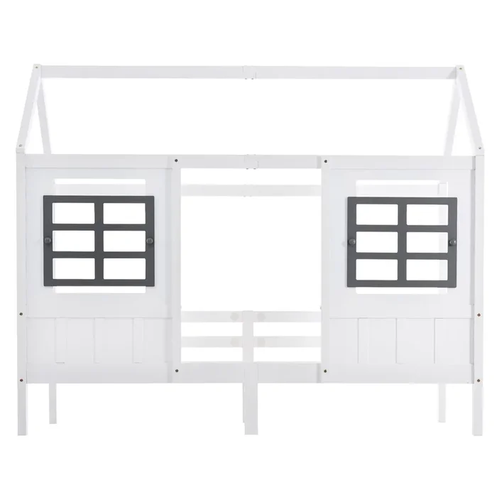 Cama casa, 200×90 cm – Cama infantil con 2 ventanas, marco de pino y MDF – Blanco