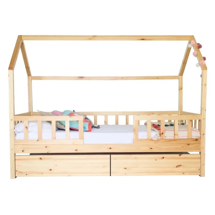 Cama casita con barandilla + 2 cajones madera pino 90x190cm