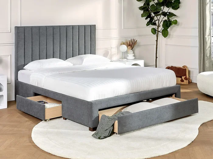 Cama con 3 cajones 160 x 200 cm – Tela – Gris + Colchón – LIAKO