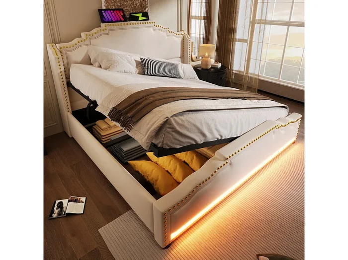 Cama con almacenaje 140×200 cm para adultos con LED y USB Tipo-C, terciopelo beige, sin colchón