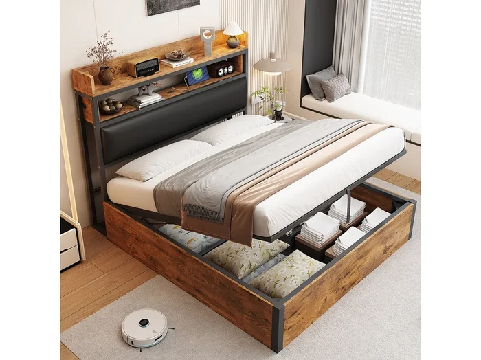 Cama con almacenaje 140 x 200 cm – Cama individual con carga USB y cabecero con almacenaje – madera negra