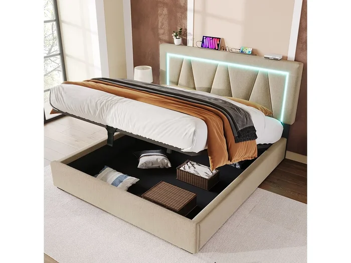 Cama con almacenaje 160×200 cm – Cama tapizada con iluminación LED y carga USB – lino beige – sin colchón