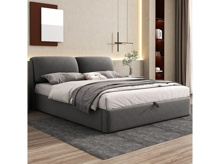 Cama con almacenaje 180×200 cm – Cama acolchada con 3 cajones, cómodas y cabecero – Terciopelo – Gris