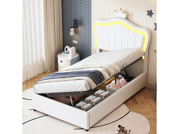 Cama con almacenaje 90×200 cm – Cama infantil con iluminación LED – cabecero regulable – PU blanco – sin colchón