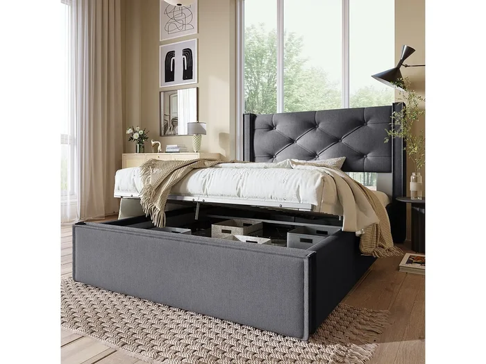 Cama con almacenaje 90x200cm en algodón gris, con espacio de almacenamiento y somier de láminas, sin colchón