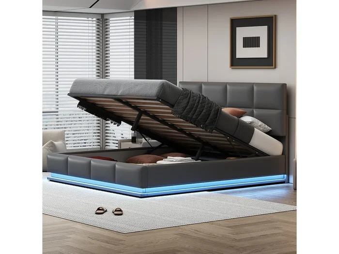 Cama con almacenaje adulto 180×200 cm gris en piel sintética, cabecero ajustable en altura, somier de láminas, sin colchón