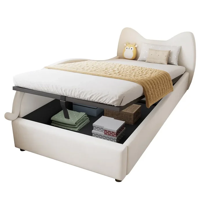 Cama con almacenaje,cama infantil de terciopelo 90x200cm,beige