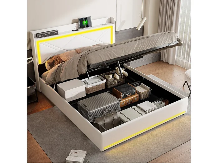 Cama con almacenaje de 140×200 cm en tejido de polipiel – con LED y puertos USB – con somier de láminas – Blanco