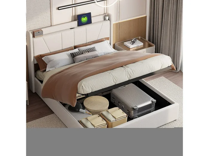 Cama con almacenaje de 160 x 200 cm con base, LED y USB – Espacio de almacenamiento, beige