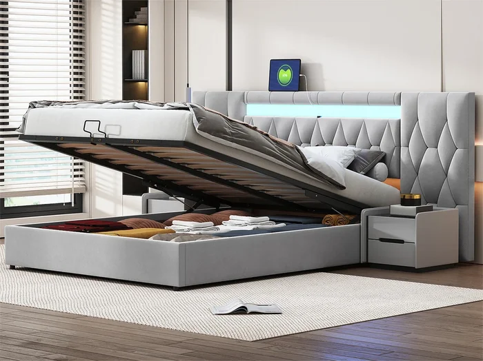Cama con almacenaje de terciopelo 160×200 cm – con LED y toma USB – Gris