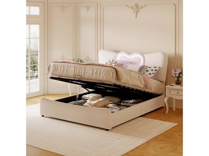 Cama con almacenaje de terciopelo beige de 160 x 200 cm con cabecero LED en forma de corazón y puerto USB