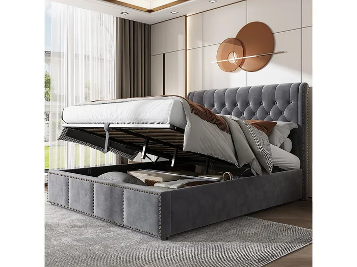 Cama con almacenaje para adultos 180x200cm en terciopelo gris, con somier de láminas, sin colchón