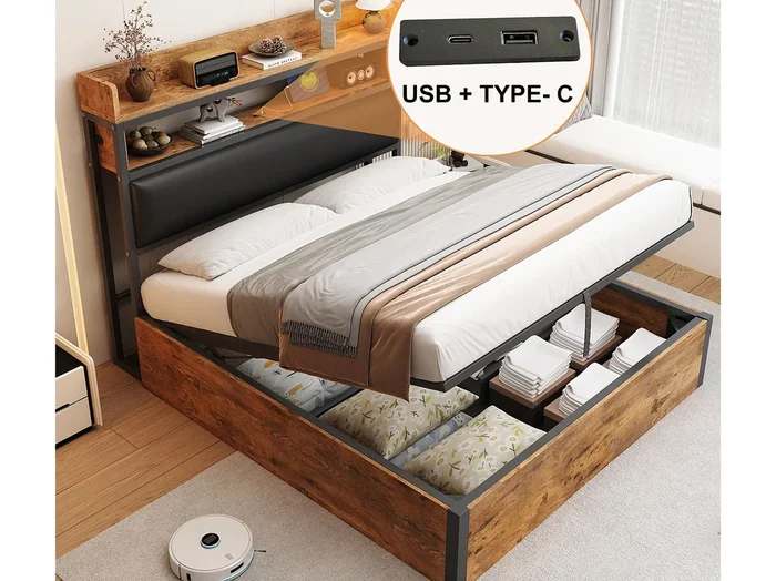 Cama con almacenamiento 140×200 cm – con puerto USB y estantes – negro (colchón no incluido)