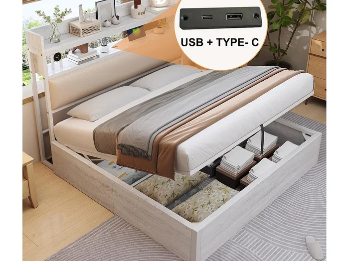Cama con almacenamiento 180×200 cm – con puerto USB y estantes – Blanco (colchón no incluido)