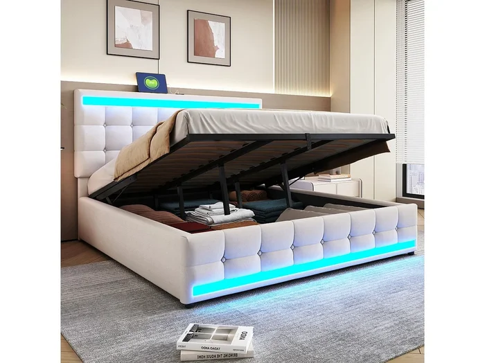 Cama con almacenamiento 180 x 200 cm, lino beige, cama doble con iluminación LED y puerto USB – colchón no incluido