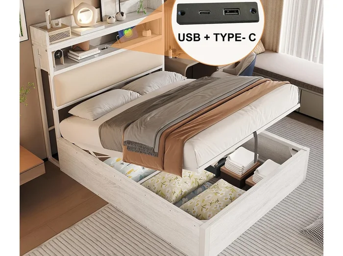 Cama con almacenamiento 90×200 cm – con puerto USB y estantes – Blanco (colchón no incluido)