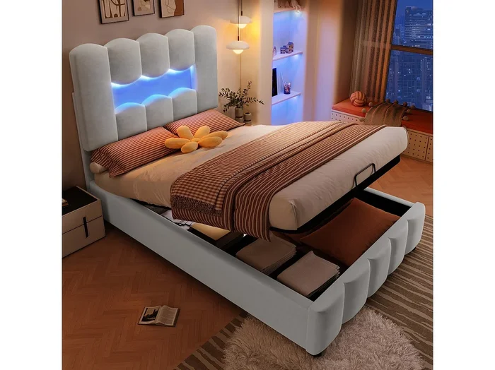 Cama con almacenamiento 90×200 cm con iluminación LED y cabecero ajustable, terciopelo gris – sin colchón