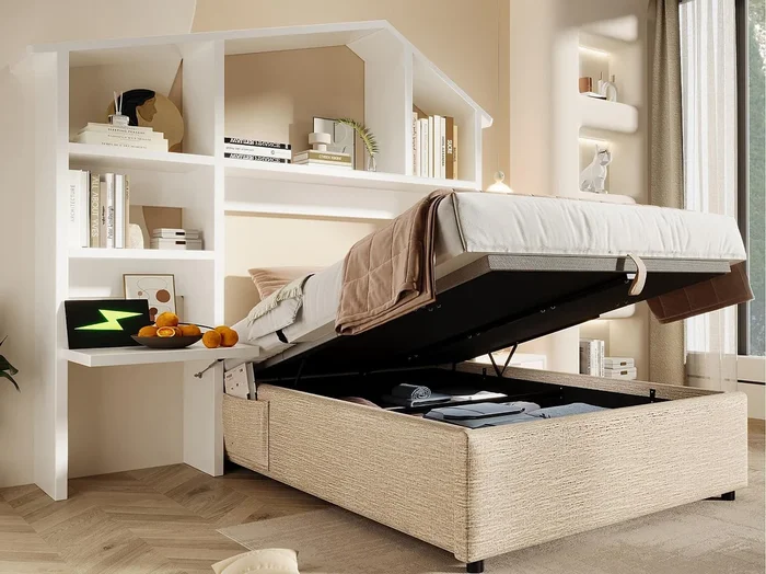 Cama con almacenamiento 90×200 cm – tejido de lino – con tomas de carga – con estantería blanca – beige (sin colchón)