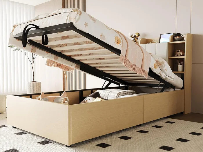 Cama con almacenamiento en madera 90×200 cm – cabecero con almacenamiento – con tomas USB + Type-C – natural (colchón no incluido)