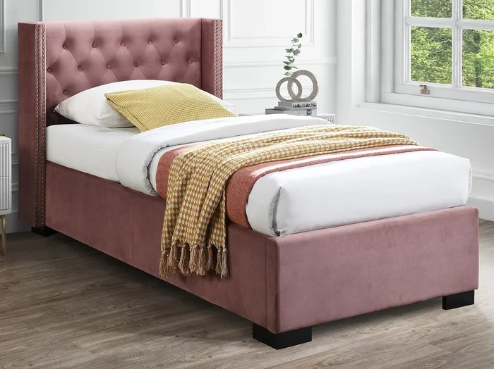Cama con arcón de 90 x 200 cm con cabecero tapizada – Terciopelo – Rosa + Colchón – MASSIMO
