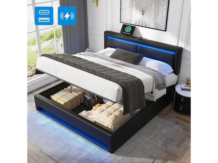 Cama con arcón para adulto 160×200 cm negra en piel sintética con puerto USB y luces LED, somier de láminas, sin colchón