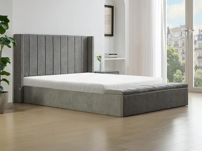 Cama con baúl de 140 x 190 cm con banco – Tela – Gris + Colchon – DOUINO