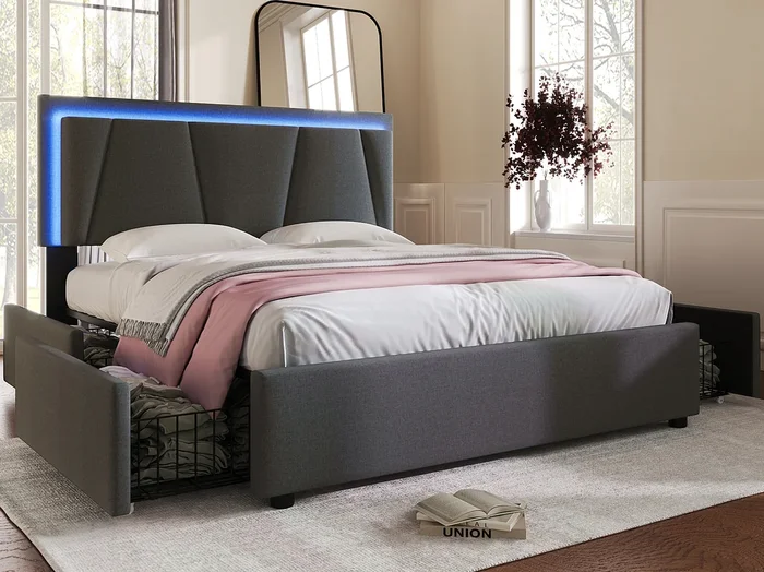 Cama con cabecera ajustable – 160 x 200 cm – 4 cajones – LED – somier de láminas – color gris