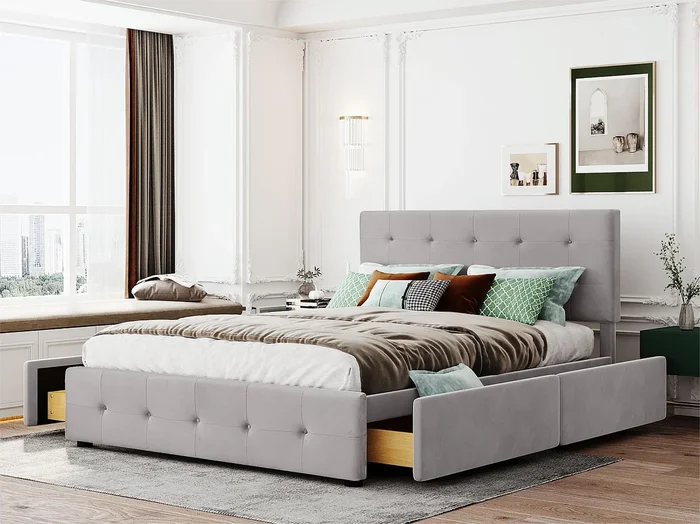 Cama con cabecera ajustable y 4 cajones de almacenamiento – 140 x 200 cm – tela de terciopelo – somier de láminas – gris