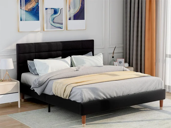 Cama con cabecero – 140 x 200 cm – tela de lino – negro
