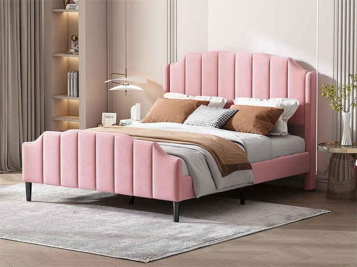 Cama con cabecero – 140 x 200 cm – terciopelo – somier incluido – color rosa