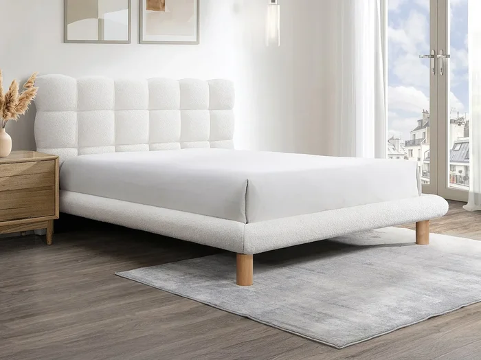 Cama con cabecero acolchado 160 x 200 cm – Tela de rizo – Blanco – FUDALI