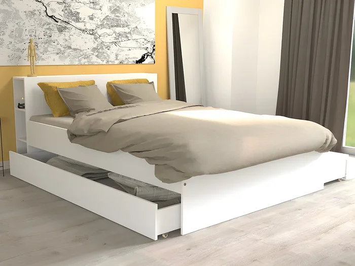 Cama con cabecero con compartimentos y cajones 140 x 190 cm – Blanco + Somier + colchón – EUGENE