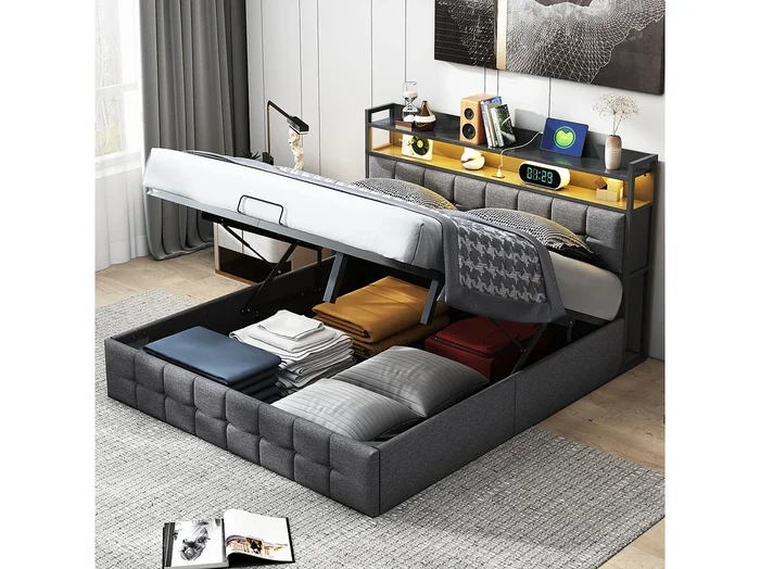 Cama con cabecero LED y depósito de gas, cargador USB-C y USB, iluminación RGB, diseño de tela de lino gris – 140 x 190 cm (sin colchón)