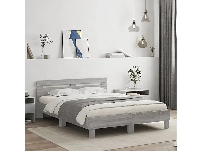 Cama con cabecero madera de ingeniería gris Sonoma 150×200 cm