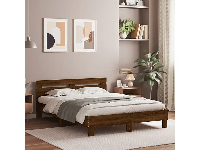 Cama con cabecero madera de ingeniería marrón roble 140×200 cm