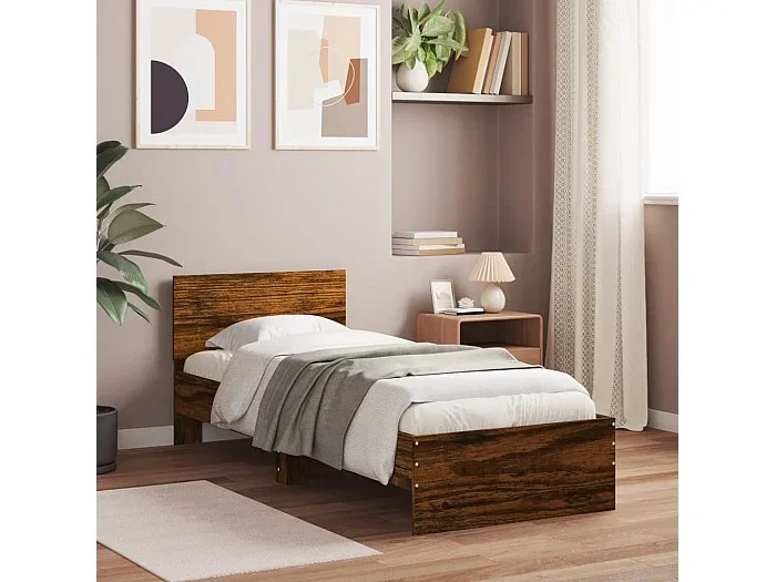 Cama con cabecero madera de ingeniería roble ahumado 90×200 cm