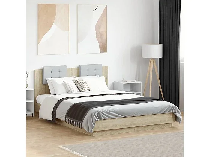 Cama con cabecero madera de ingeniería roble Sonoma 140×200 cm