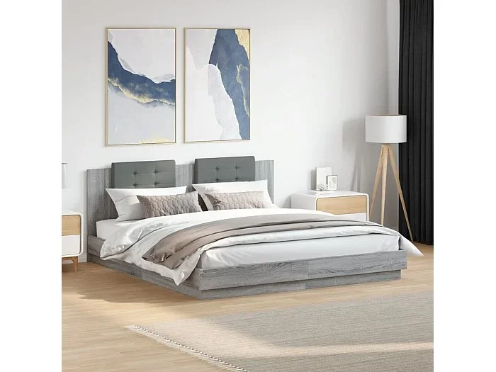 Cama con cabecero madera ingeniería gris Sonoma 200×200 cm
