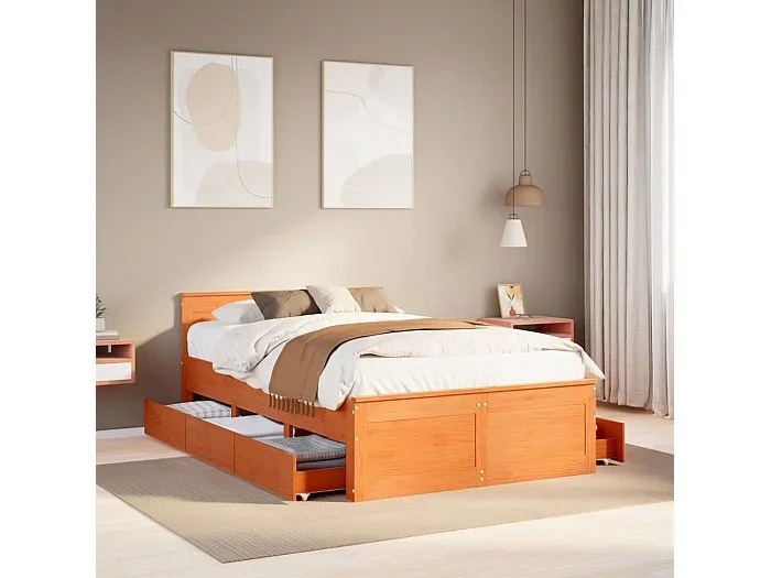 Cama con cabecero sin colchón madera maciza marrón 135×190 cm