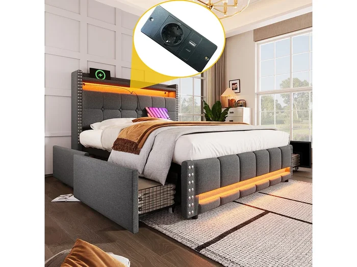 Cama con cajones de 140 x 200 cm – Lino gris – Cama tapizada con iluminación LED y puerto USB – 4 cajones – Sin colchón