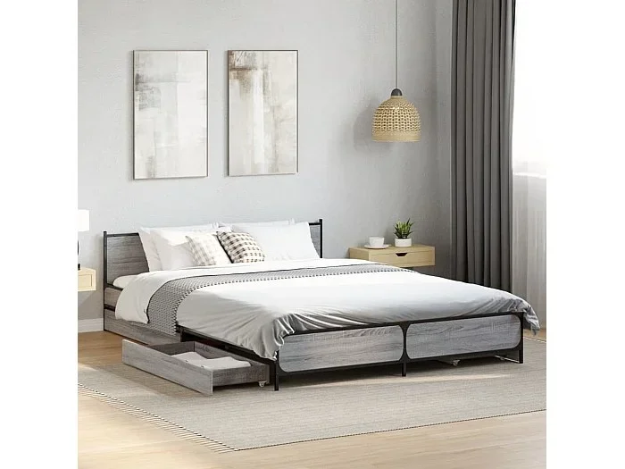 Cama con cajones madera ingeniería gris Sonoma 150×200 cm