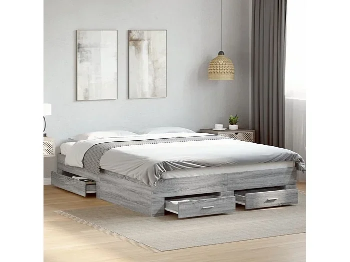 Cama con cajones madera ingeniería gris Sonoma 150×200 cm