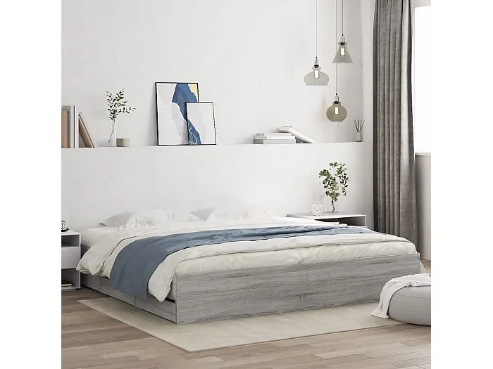 Cama con cajones madera ingeniería gris Sonoma 160×200 cm